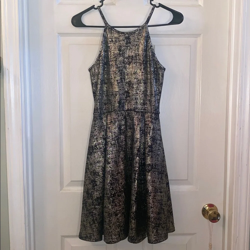 Soprano Shimmering Black and Gold Metallic Mini Dress NWTs
